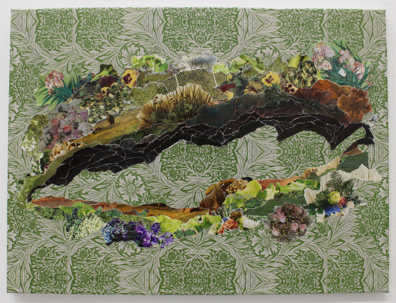 Return Me to the Earth; Magazine cutouts and wrapping paper on canvas; 18” x 24”; 2025