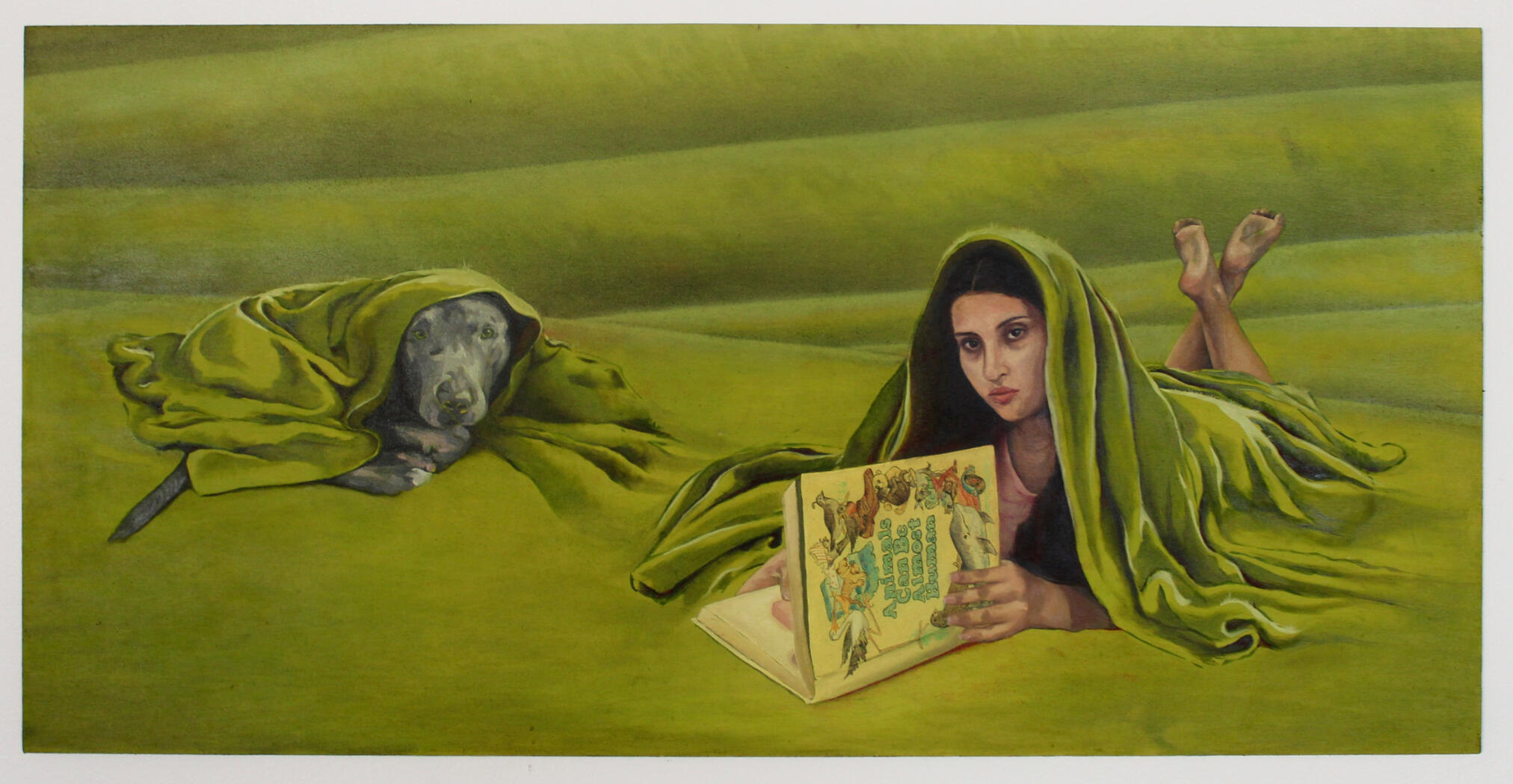 Almost Human; Oil paint and colored pencil on wood panel; 24” x 48”; 2024