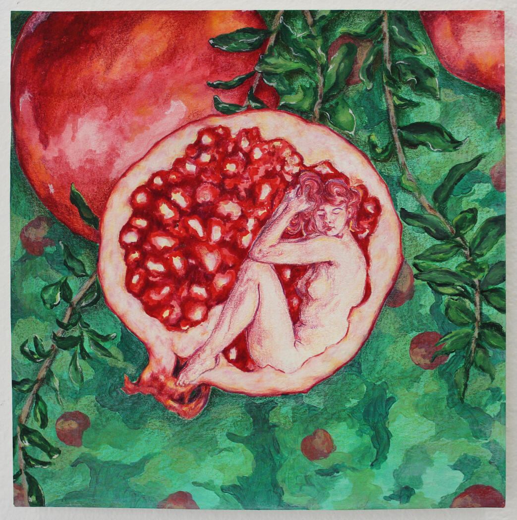 Persephone; Water color and colored pencil on paper; 9” x 9”; 2021
