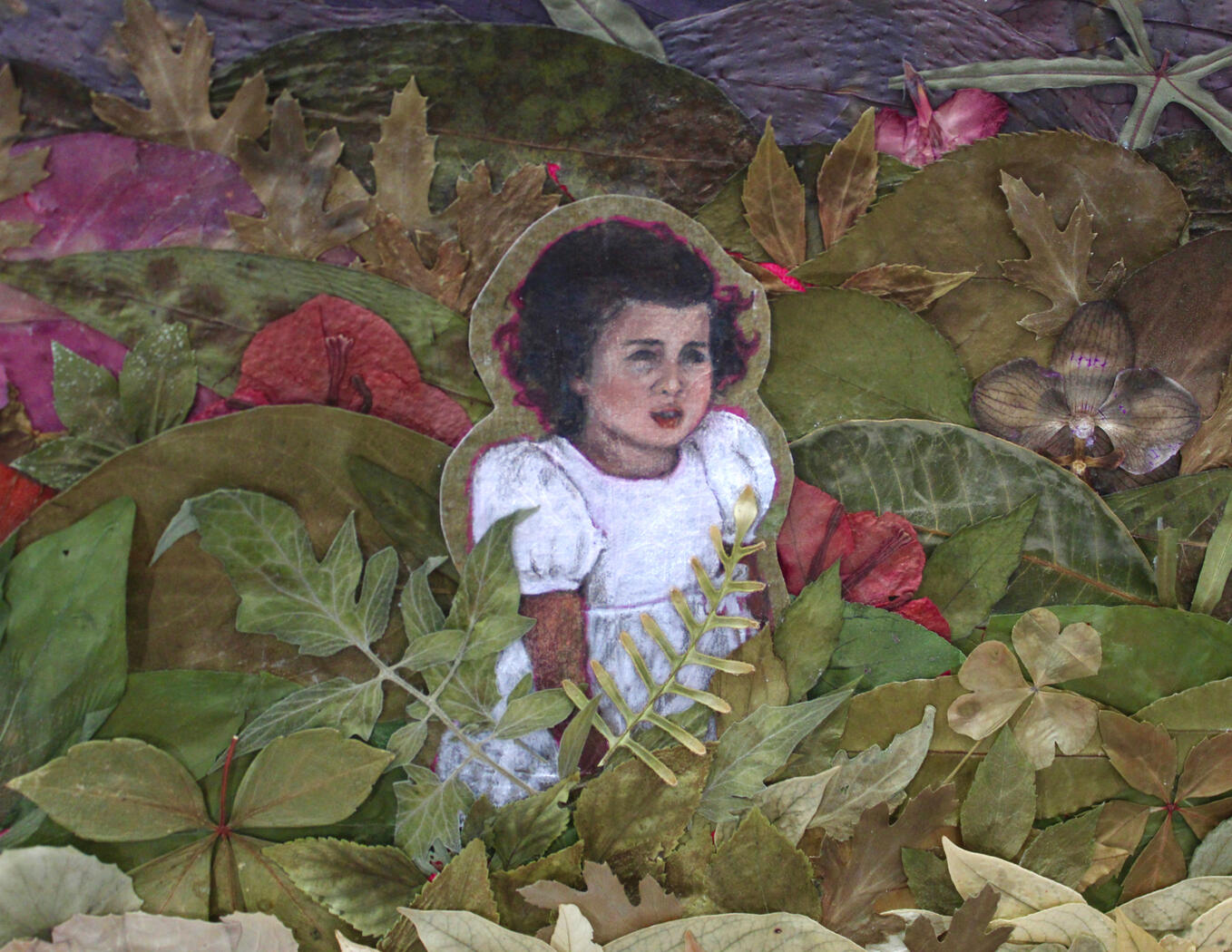 Under &amp; Overgrown (detail); Preserved flora, oil paint, and recycled paper on canvas; 16” x 12” ; 2024